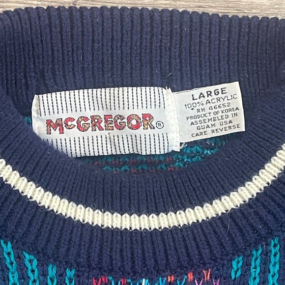 Vintage 80s McGregor Navy Teal Purple White Geometric Knit MockNeck Sweater Sz L - Picture 4 of 4